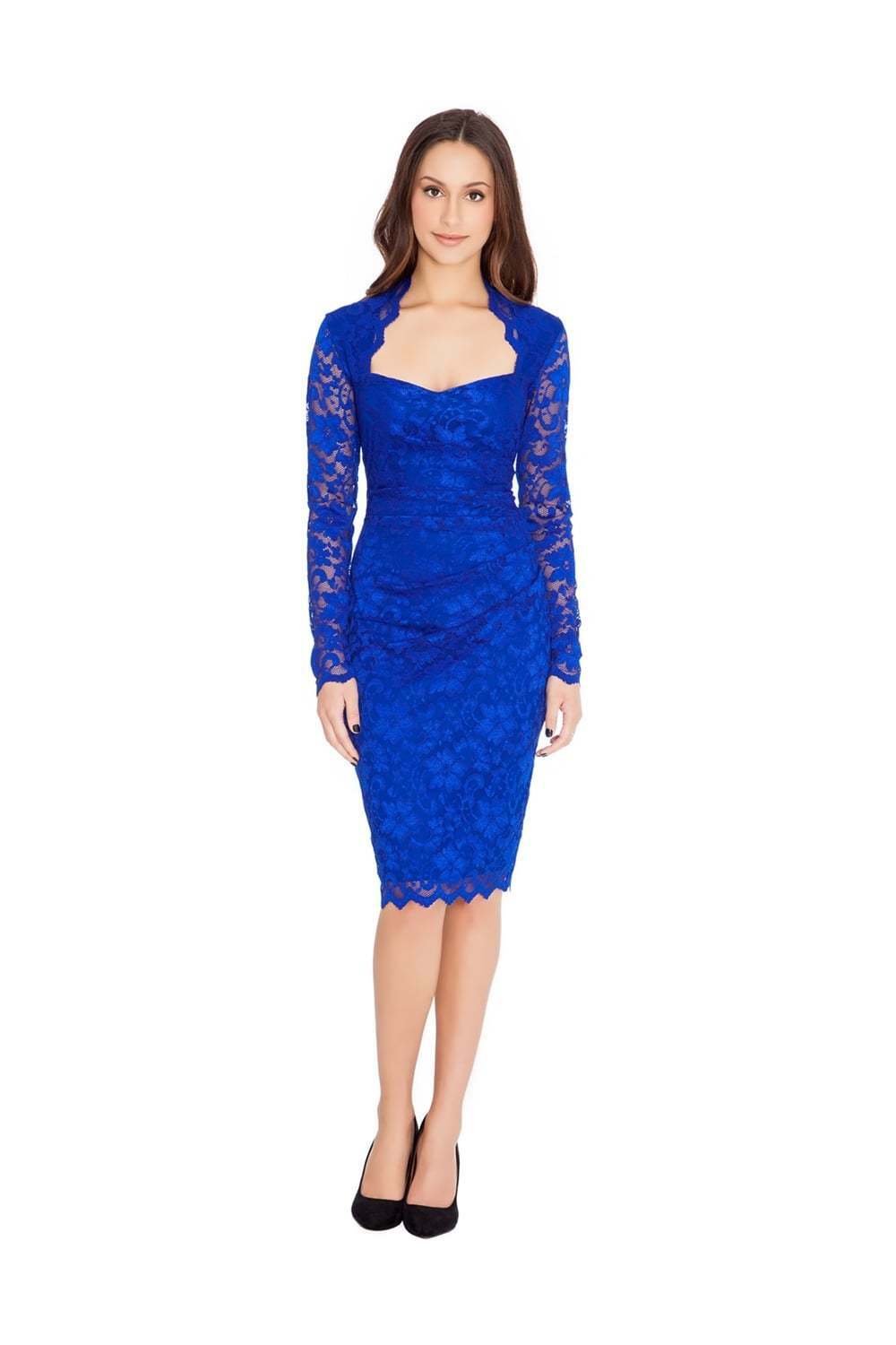 Long Sleeve Scalloped Lace Pencil Midi Dress - Front View