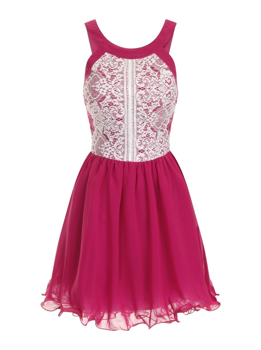 Pink Sleeveless Lace Bodice Mini Dress