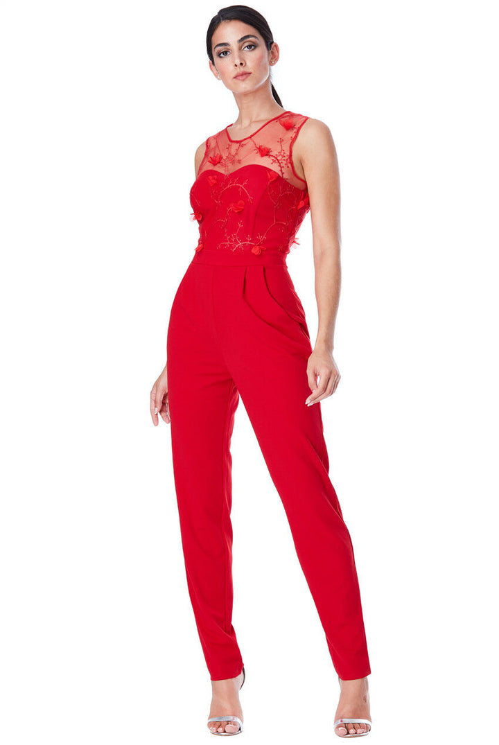 Floral Embroidered Sleeveless Jumpsuit in Red - Front View