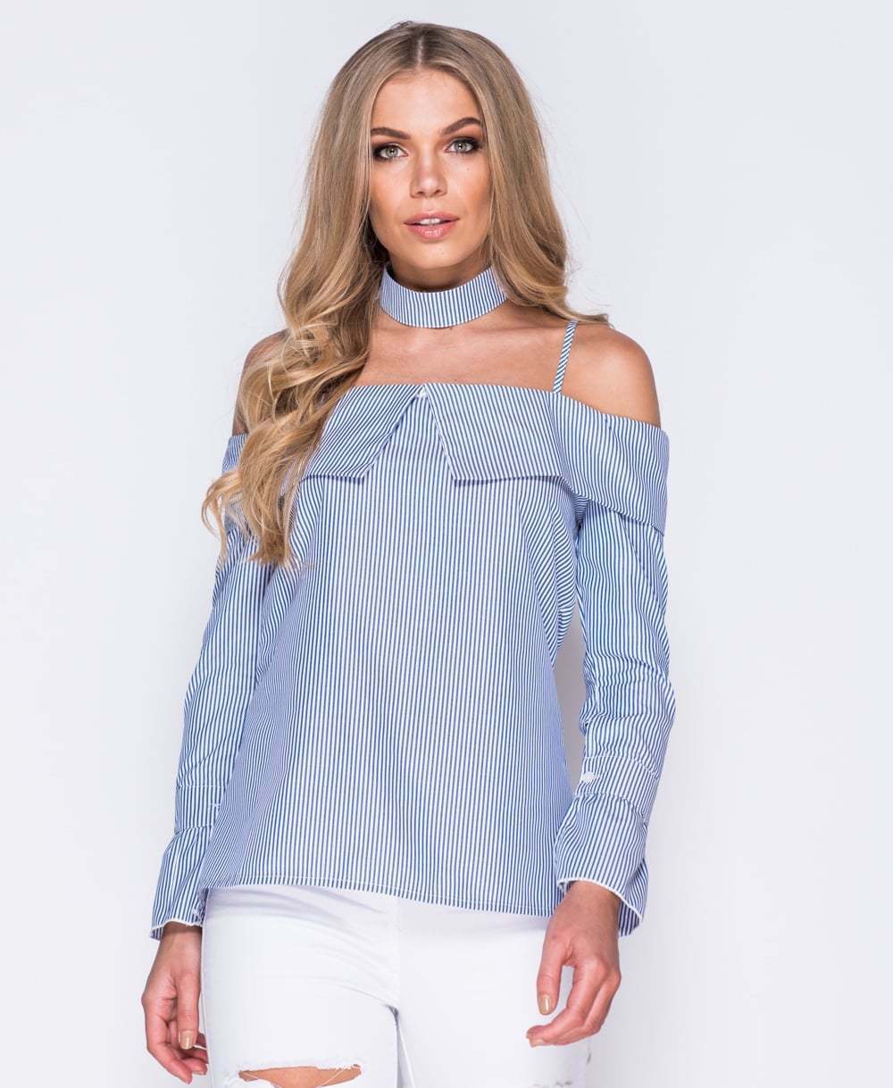 Blue Striped Choker Neck Cold Shoulder Top - Close Front Facing View
