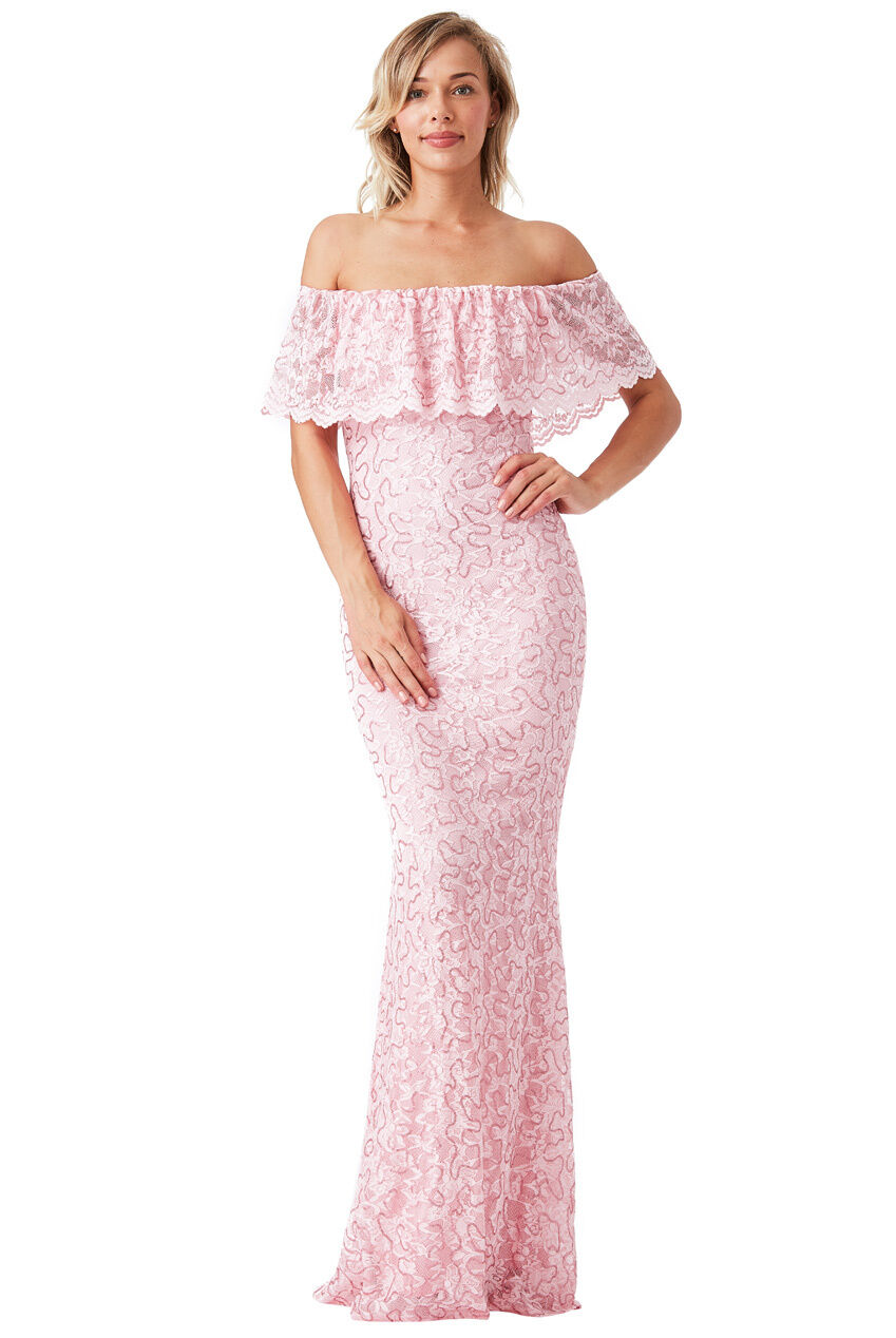 Pink Lace Bardot Bridesmaid Maxi Dress - Front