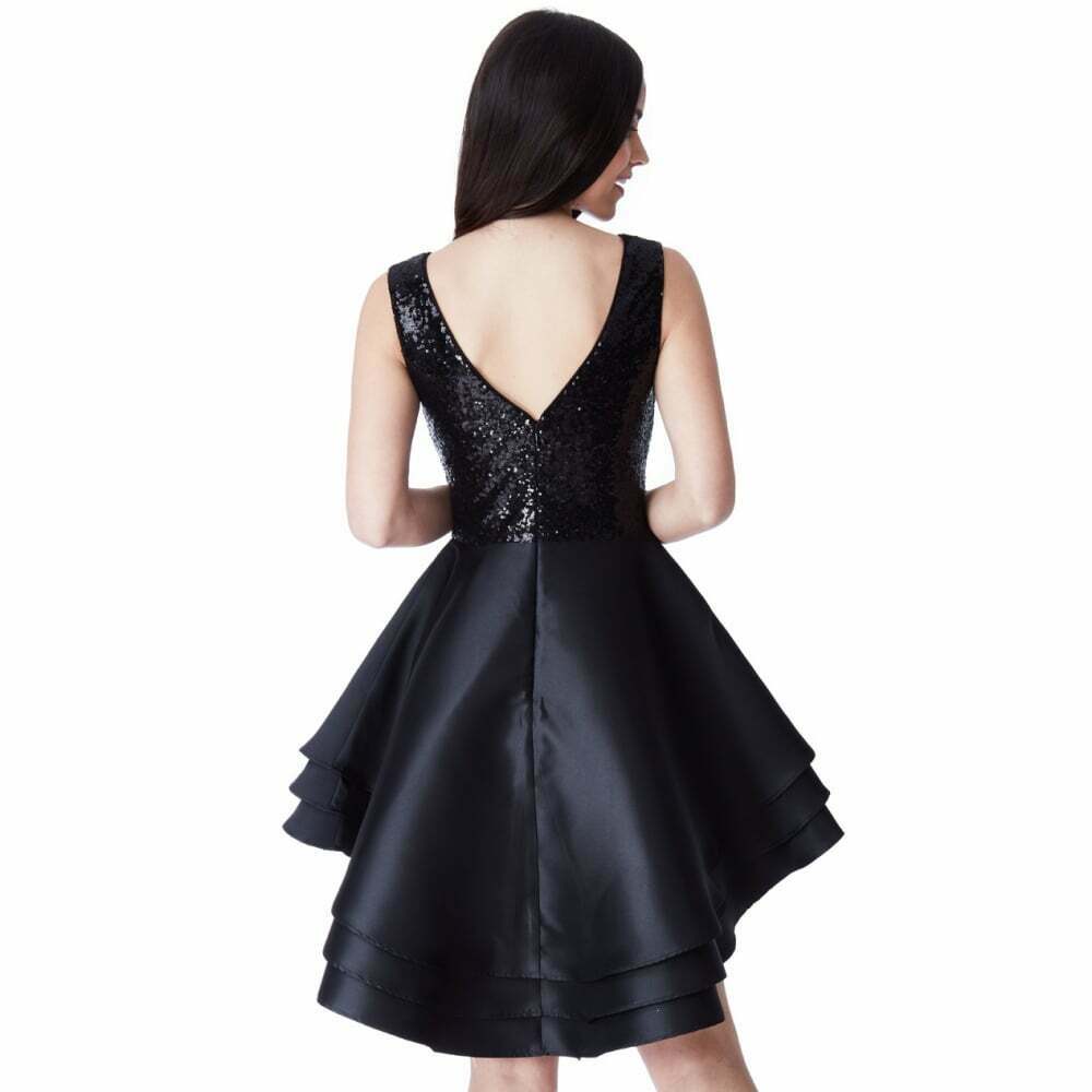 Black Multilayered Mini Dress with sequin detailing - Rear View
