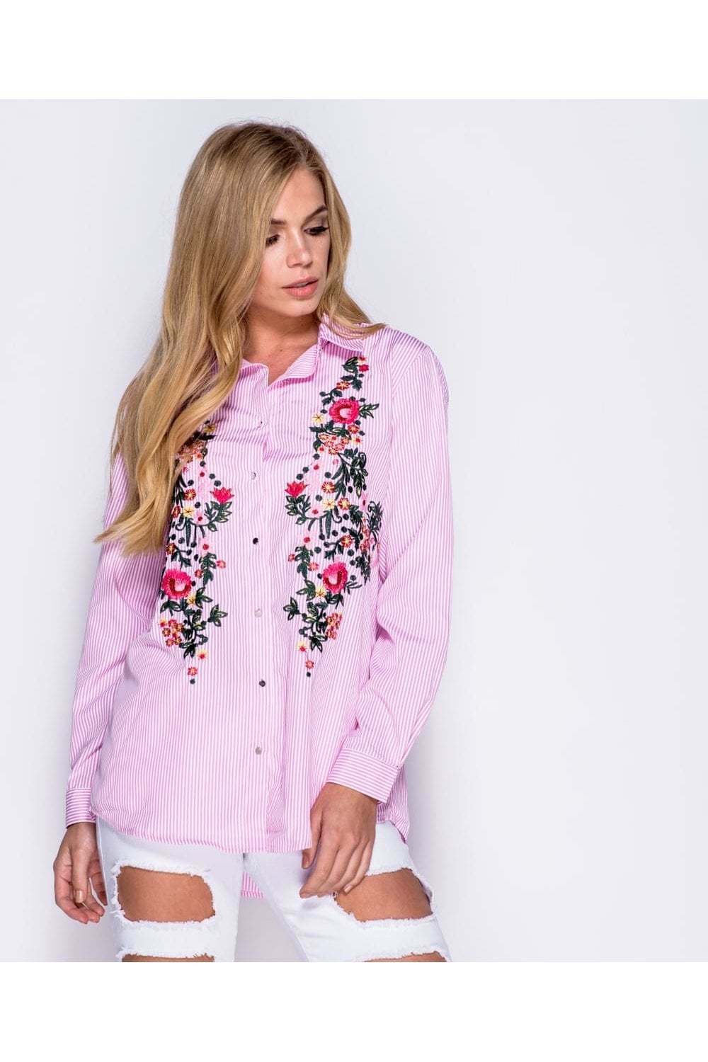 Pink Floral Embroidered Full Sleeve Shirt - Close Front View