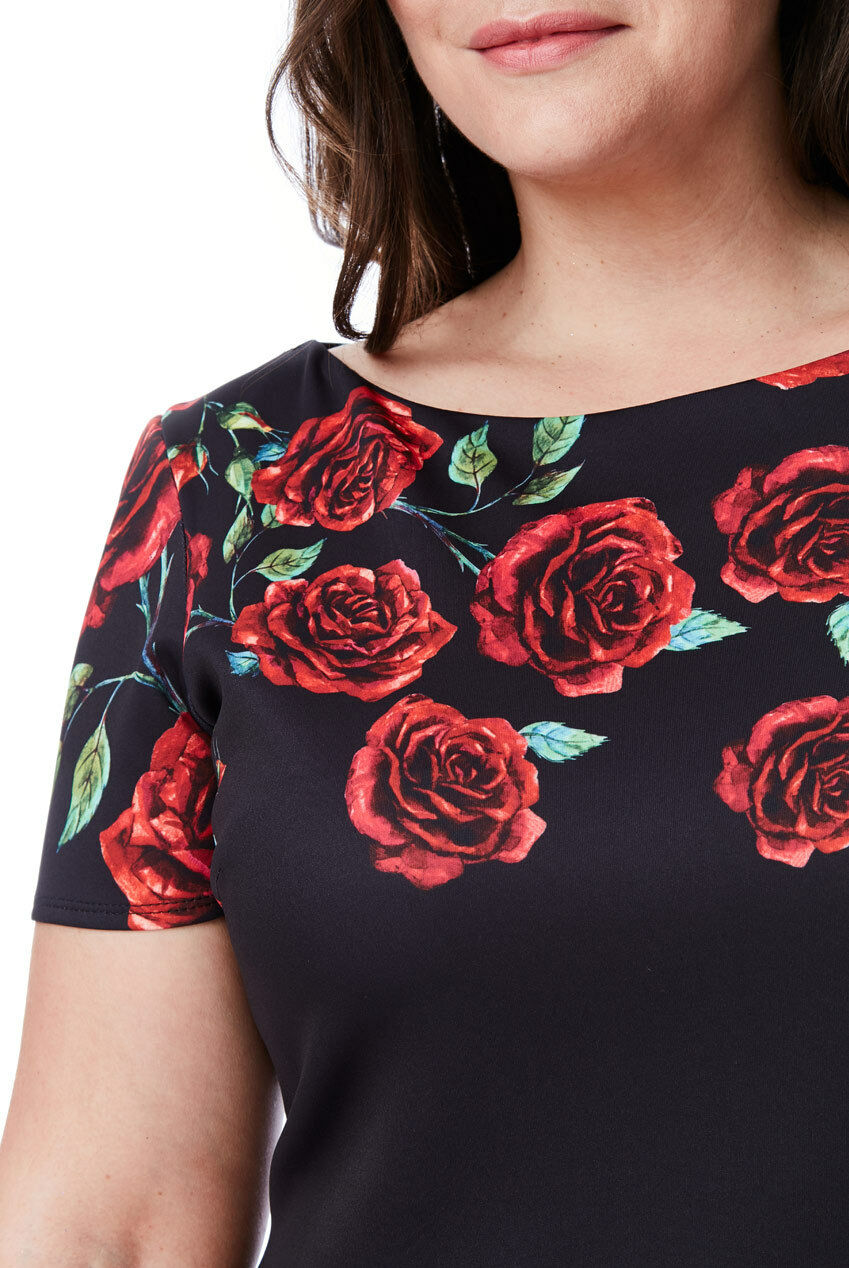 Plus Size Black Rose Print Midi Dress Bust View