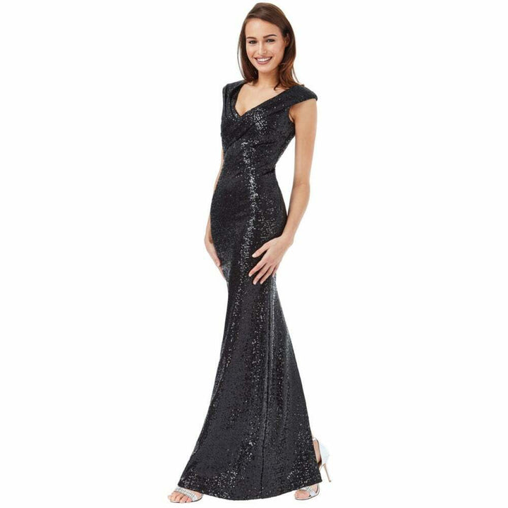 Pleated Neckline Sequin Maxi Dress in Black - Front View
