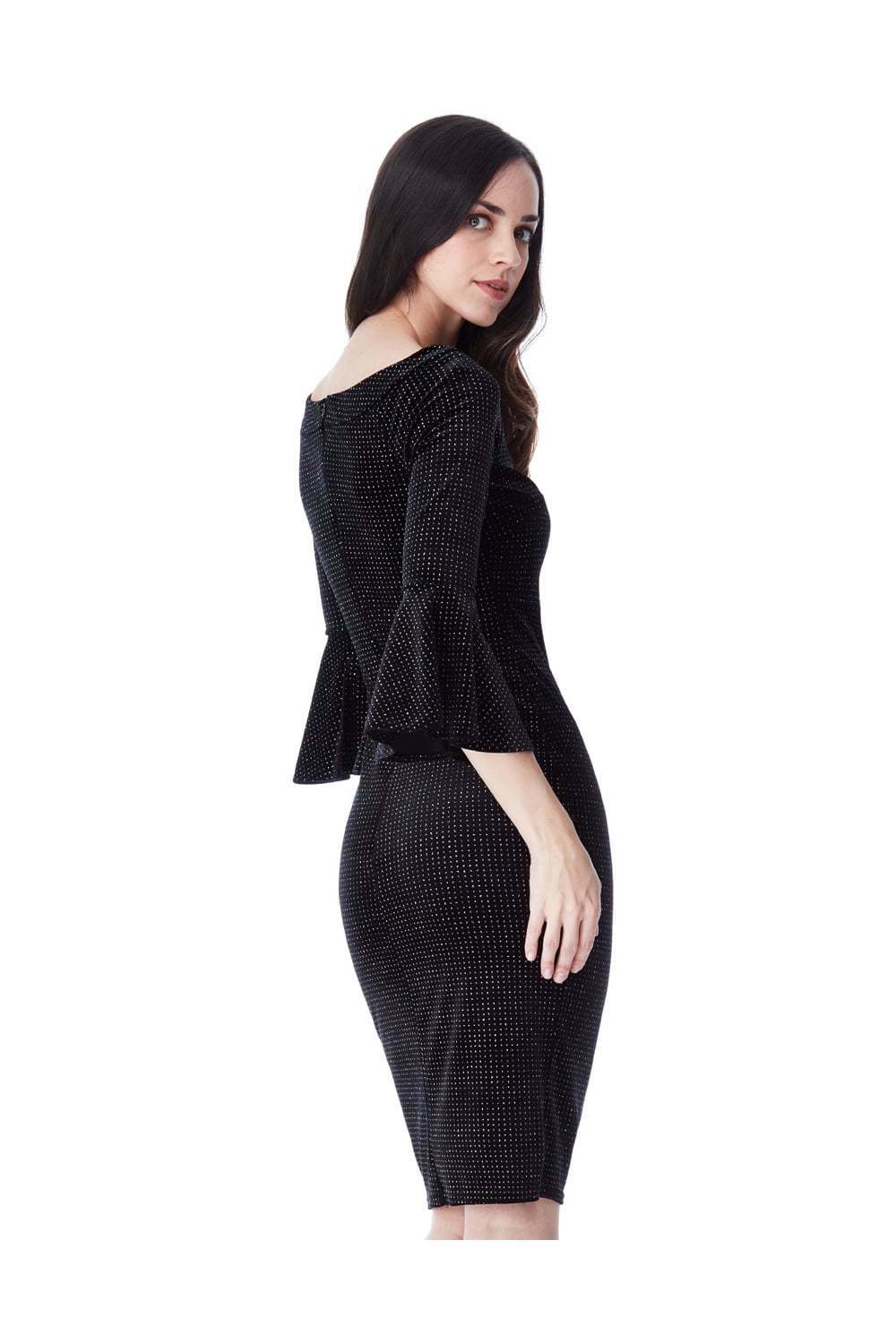 Glitter Velvet Bell Sleeve Midi Dress in Black - Back View