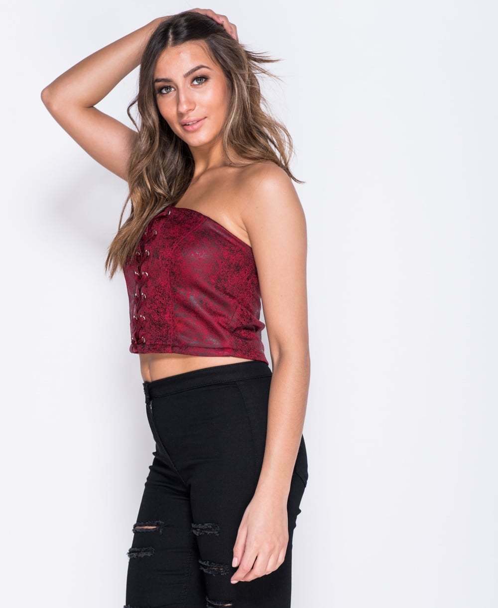  Rubber Print Lace Up Bandeau Crop Top in Red