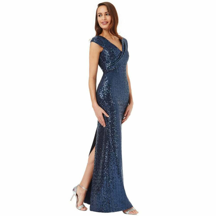 Pleated Neckline Sequin Maxi Dress in Navy - Front View