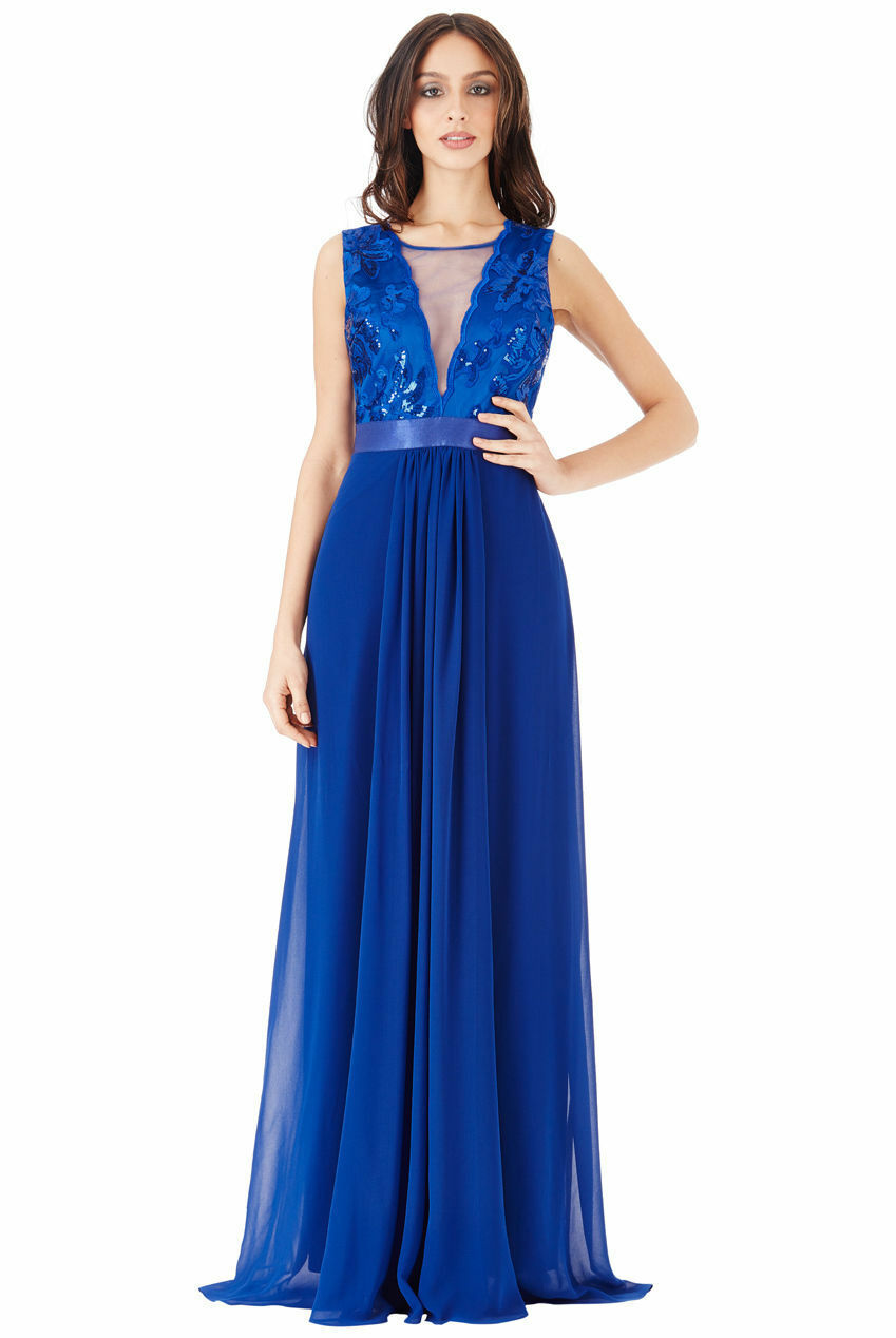 Sequin V-Neck Lace & Chiffon Sleeveless Maxi Dress in Blue