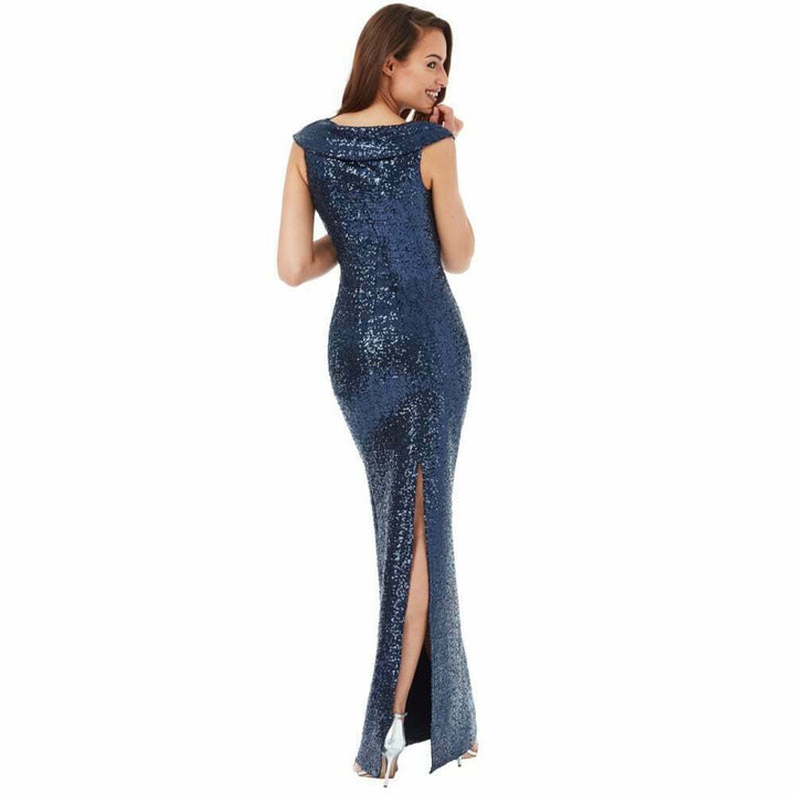 Pleated Neckline Sequin Maxi Dress in Navy - Back View
