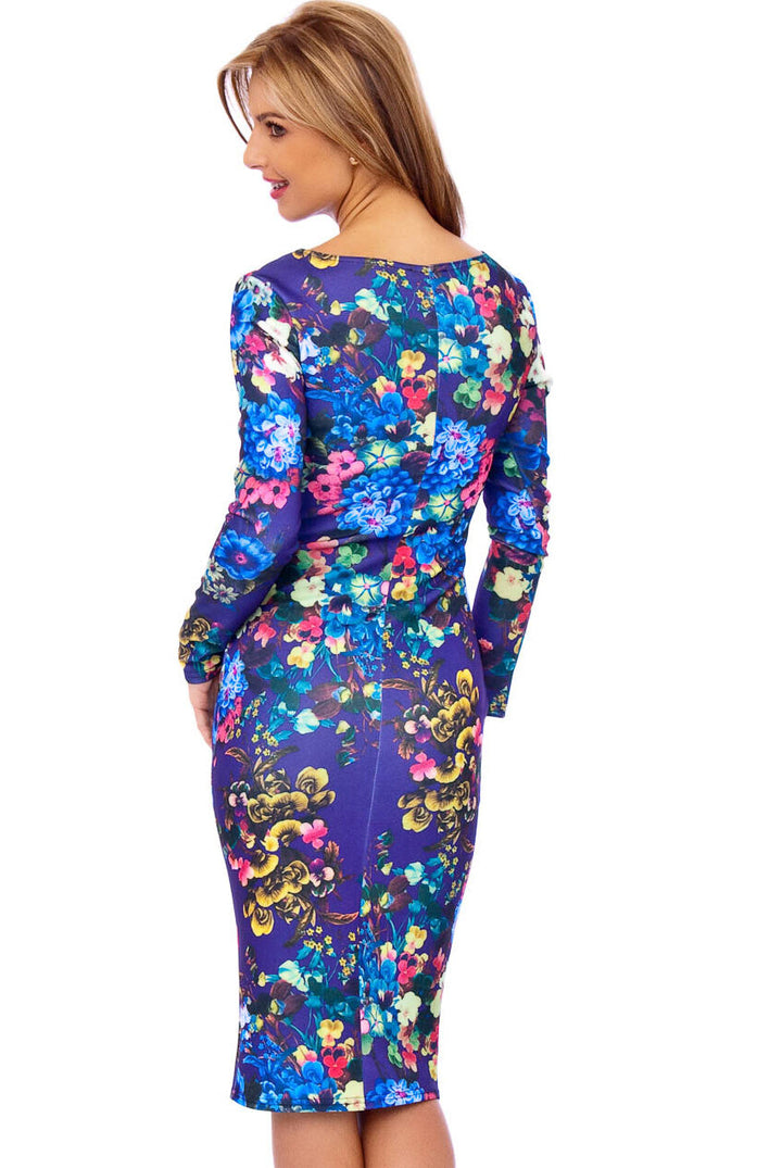 Blue Full Sleeve Body-Con Floral Midi Dress