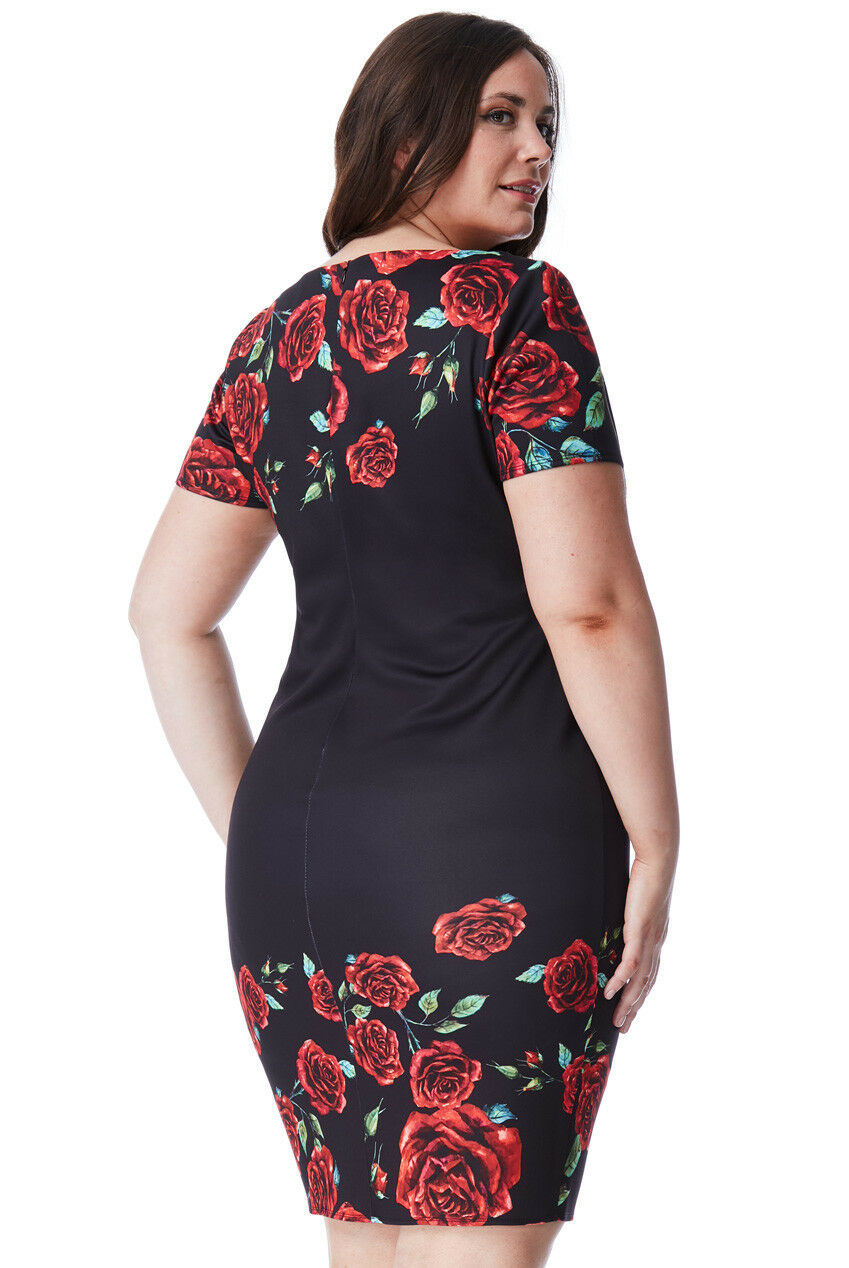 Plus Size Black Rose Print Midi Dress Back View