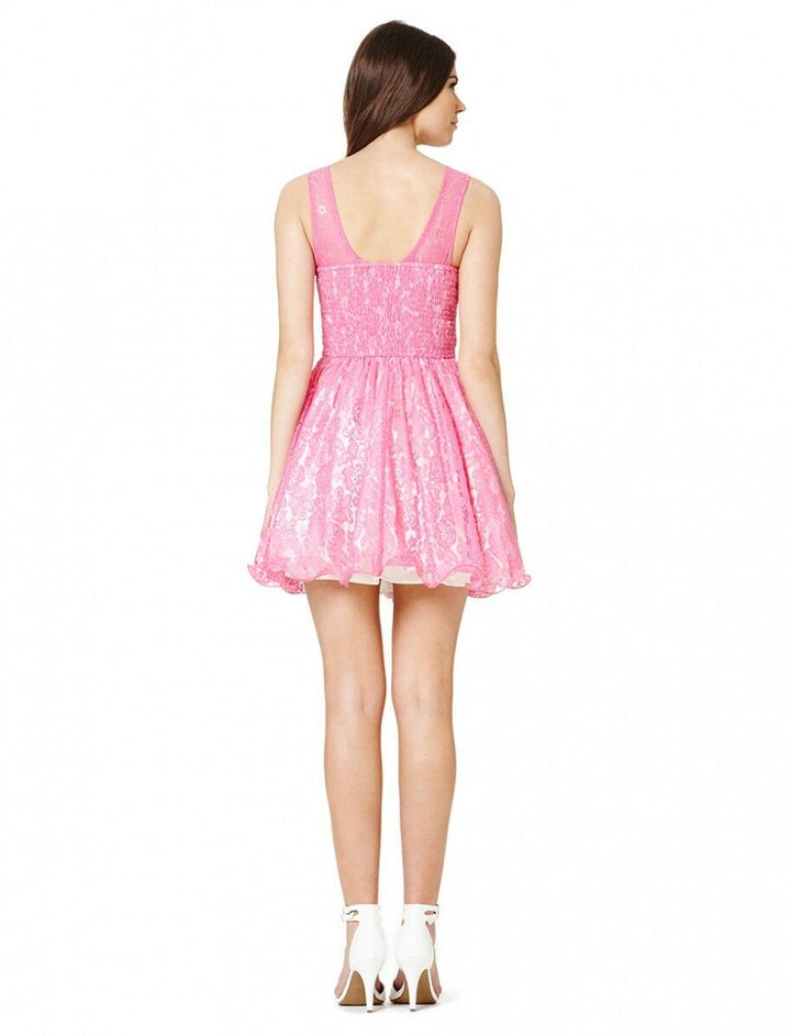 Pink Sleeveless Lace Skater Mini Dress - Back View