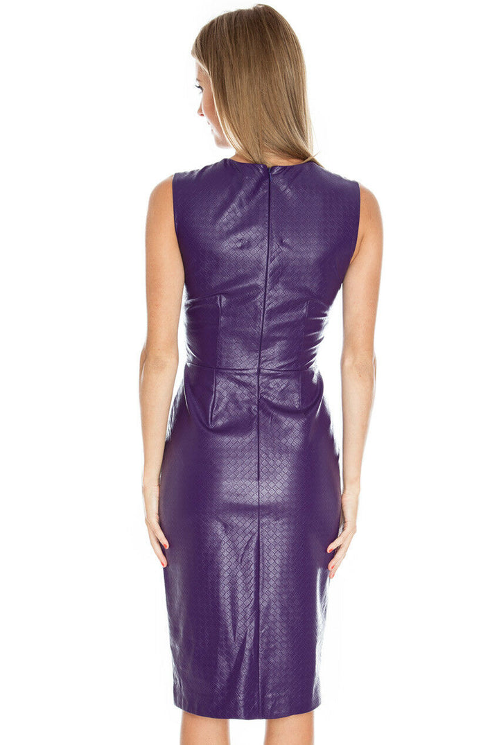 Faux Leather Sleeveless Bodycon Midi Prom Party Dress in Purple, back view