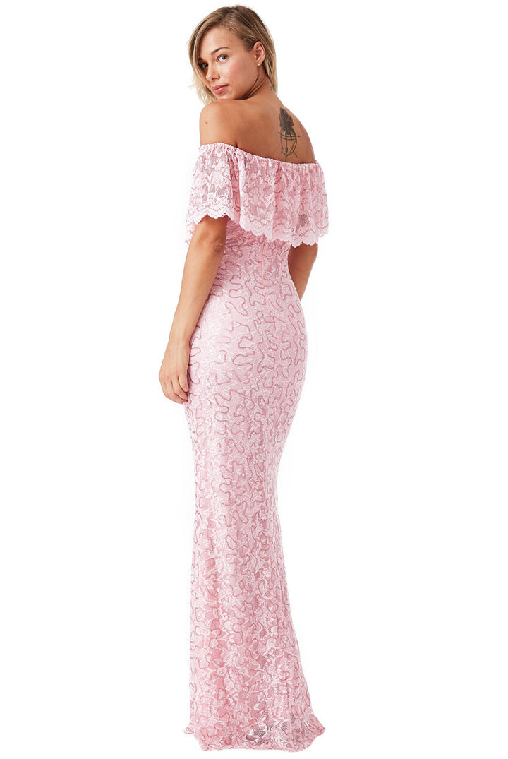 Pink Lace Bardot Bridesmaid Maxi Dress - Back