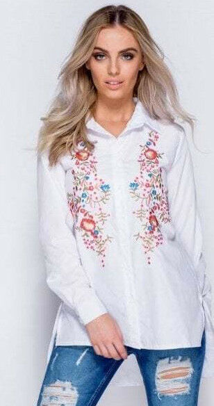 White Floral Embroidered Full Sleeve Shirt - Close Front View
