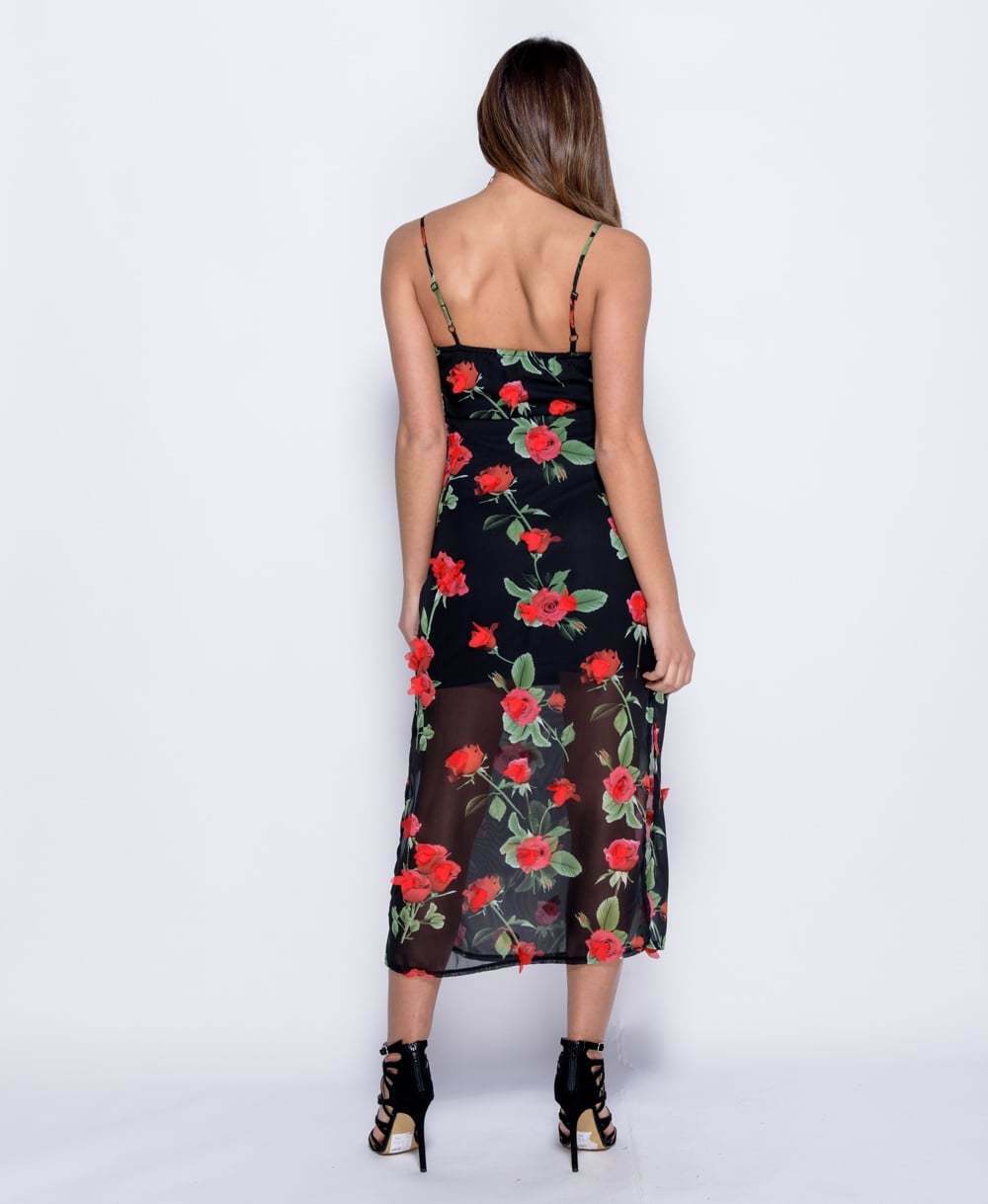 3D Rose Floral Sleeveless Maxi Dress in Black - Back View