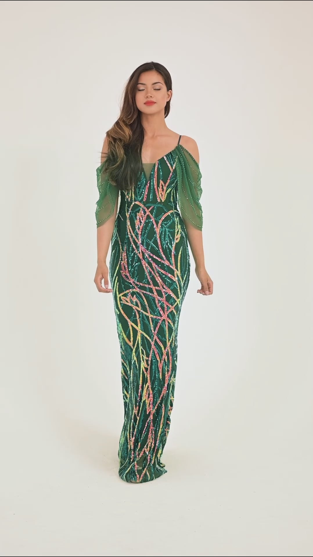 Emerald 3D Swirled Sequin Embroidered Maxi Dress