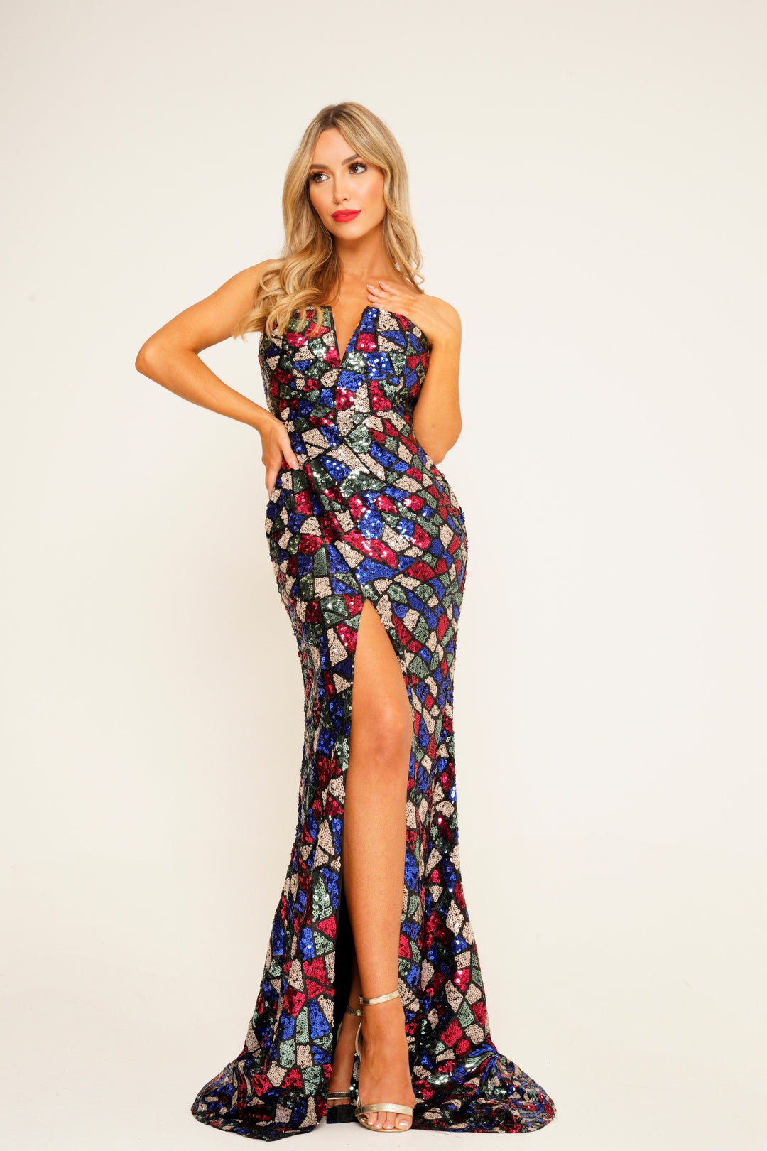 Multicoloured Off-Shoulder Sequin Maxi Dress - Full Front View