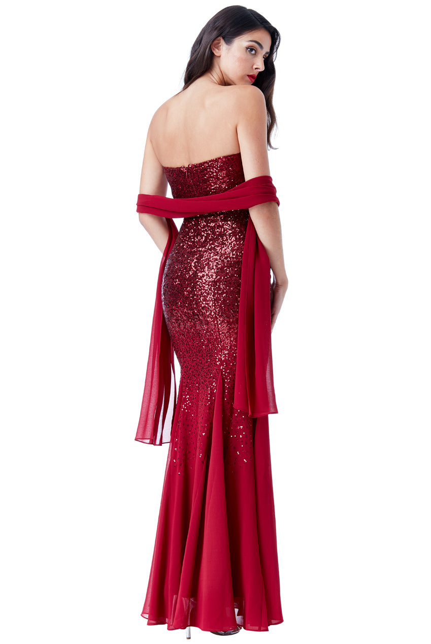 Wine Strapless Sequin Maxi Bridesmaid Ballgown Dress with Scarf