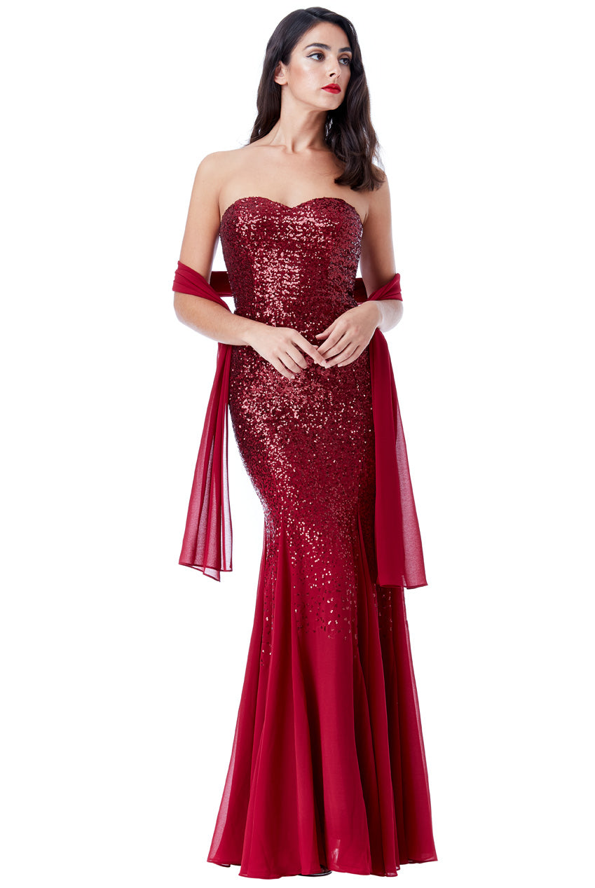 Wine Strapless Sequin Maxi Bridesmaid Ballgown Dress with Scarf