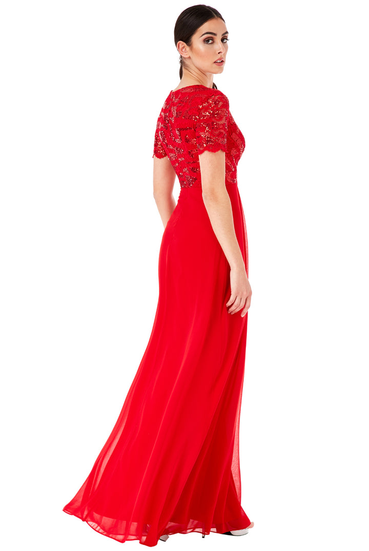 Red Sequin Short-Sleeve V-Neck Lace & Chiffon Maxi Dress