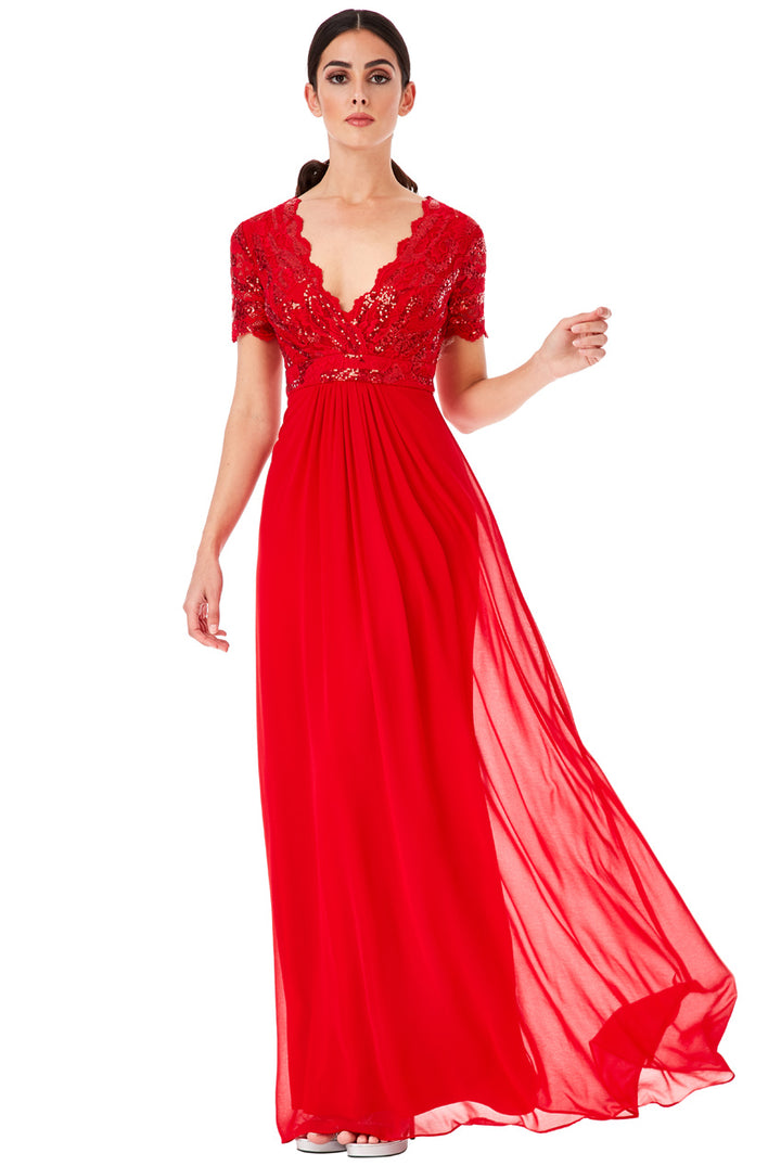 Red Sequin Short-Sleeve V-Neck Lace & Chiffon Maxi Dress