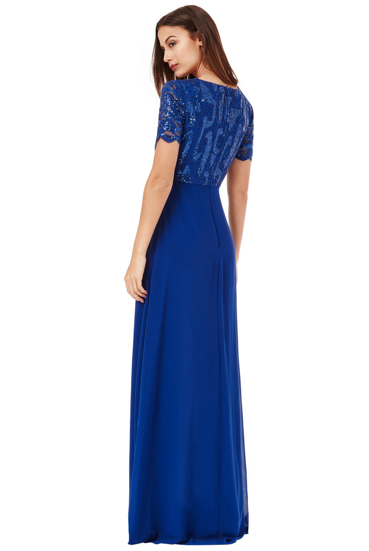 Blue Sequin Short-Sleeve V-Neck Lace & Chiffon Maxi Dress