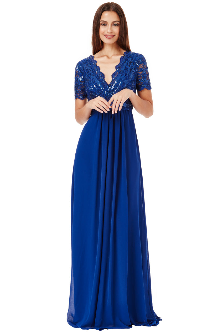 Blue Sequin Short-Sleeve V-Neck Lace & Chiffon Maxi Dress