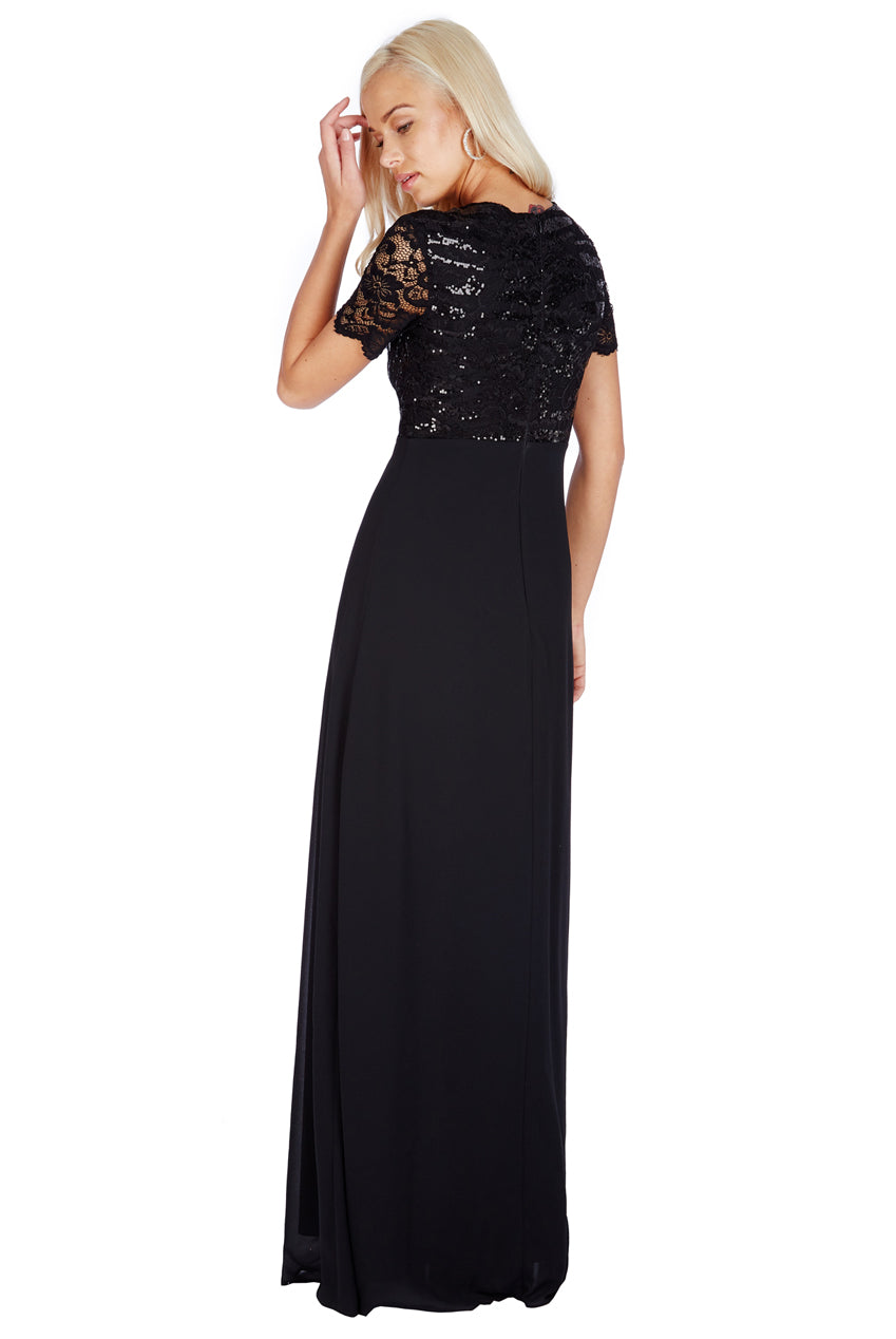 Black Sequin Short-Sleeve V-Neck Lace & Chiffon Maxi Dress