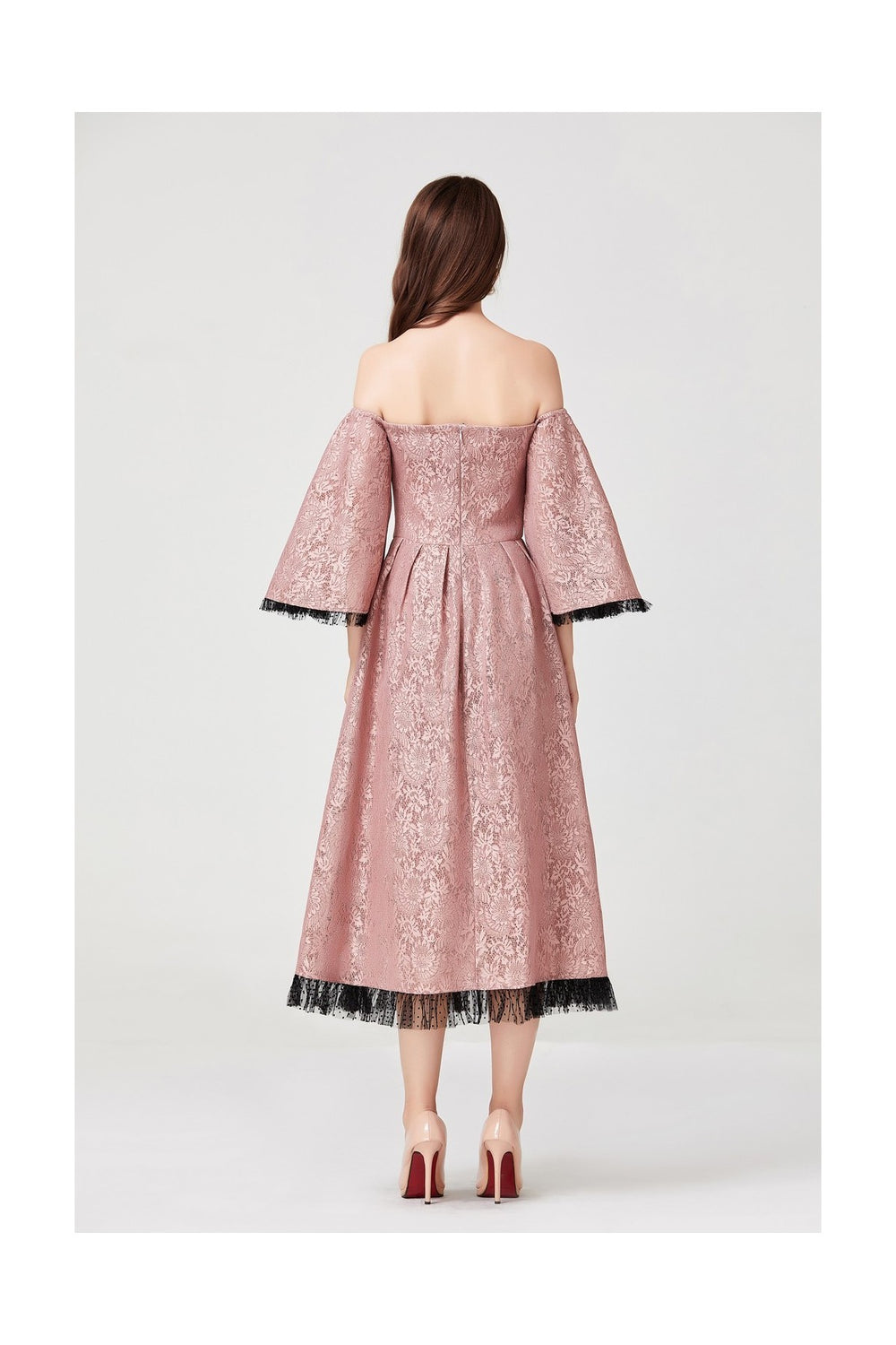 Pink Frill Off-Shoulder Midi Dress - Full Back View