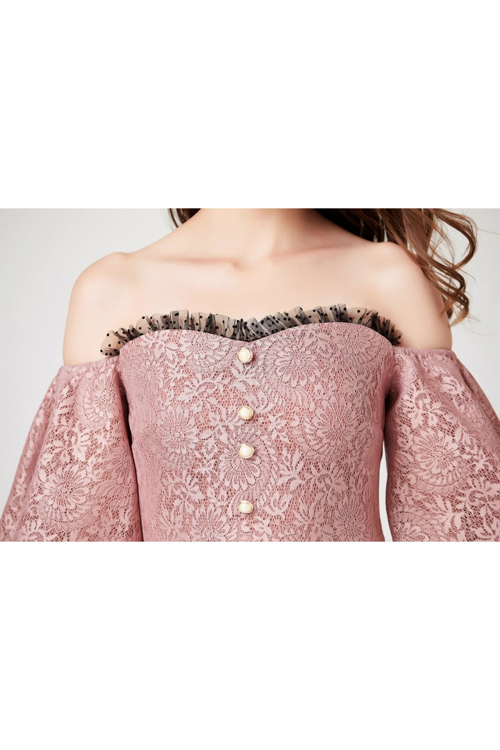 Pink Frill Off-Shoulder Midi Dress - Close Up View