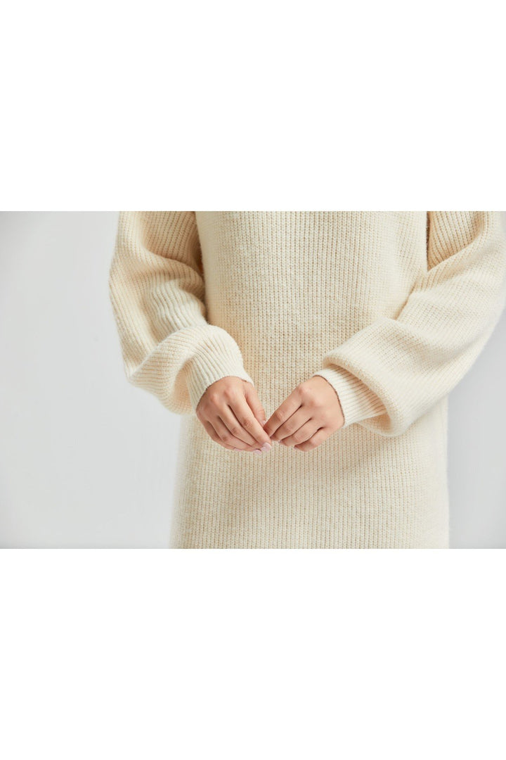 Beige Long Sleeve Sweater Midi Dress - Close Up View