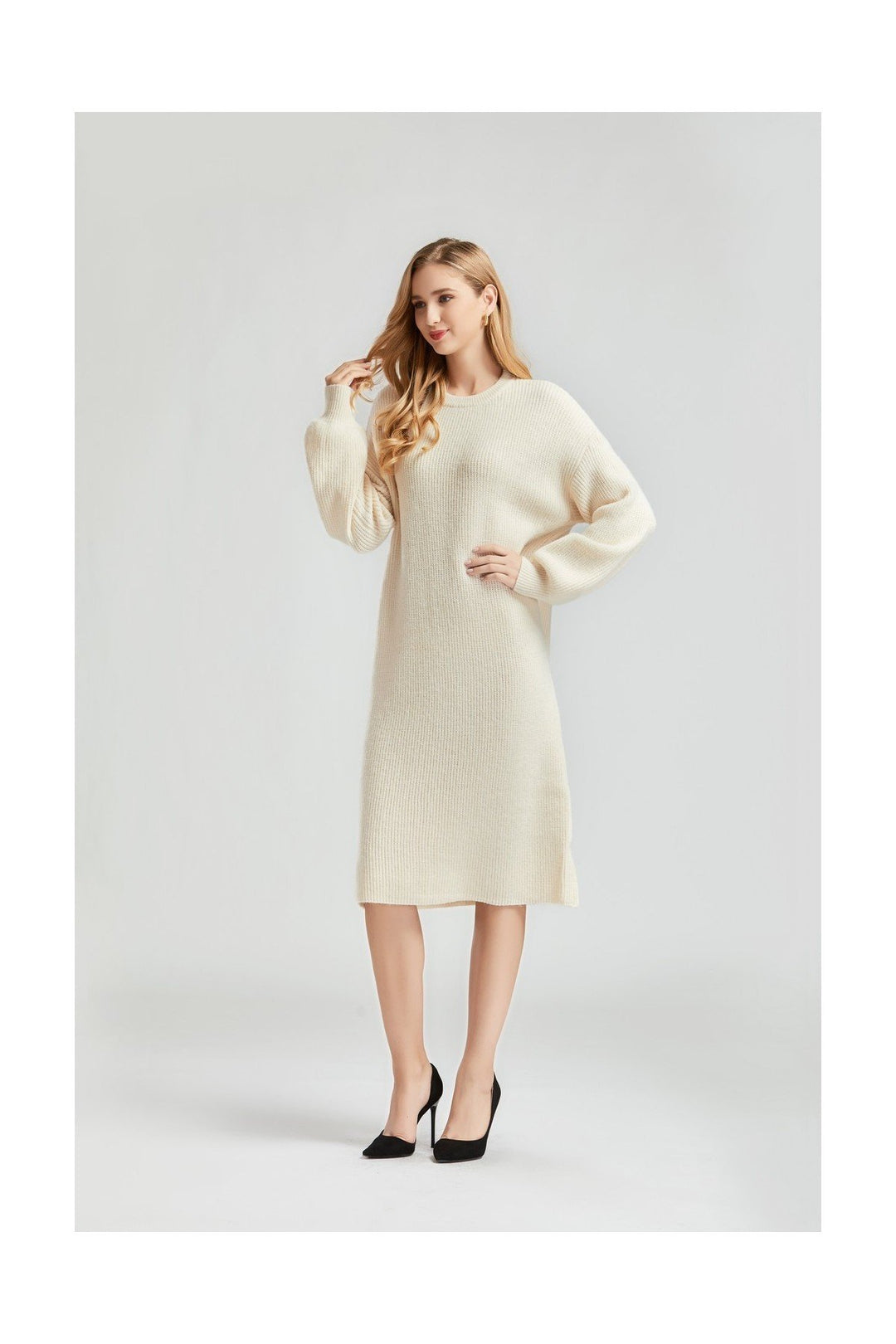 Beige Long Sleeve Sweater Midi Dress - Side View