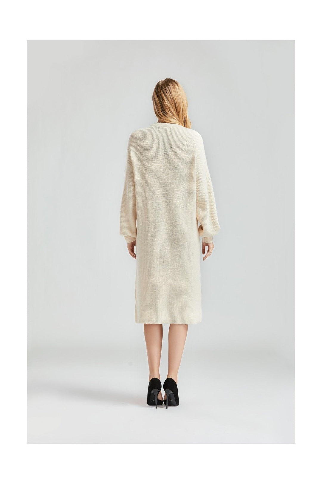 Beige Long Sleeve Sweater Midi Dress - Back View