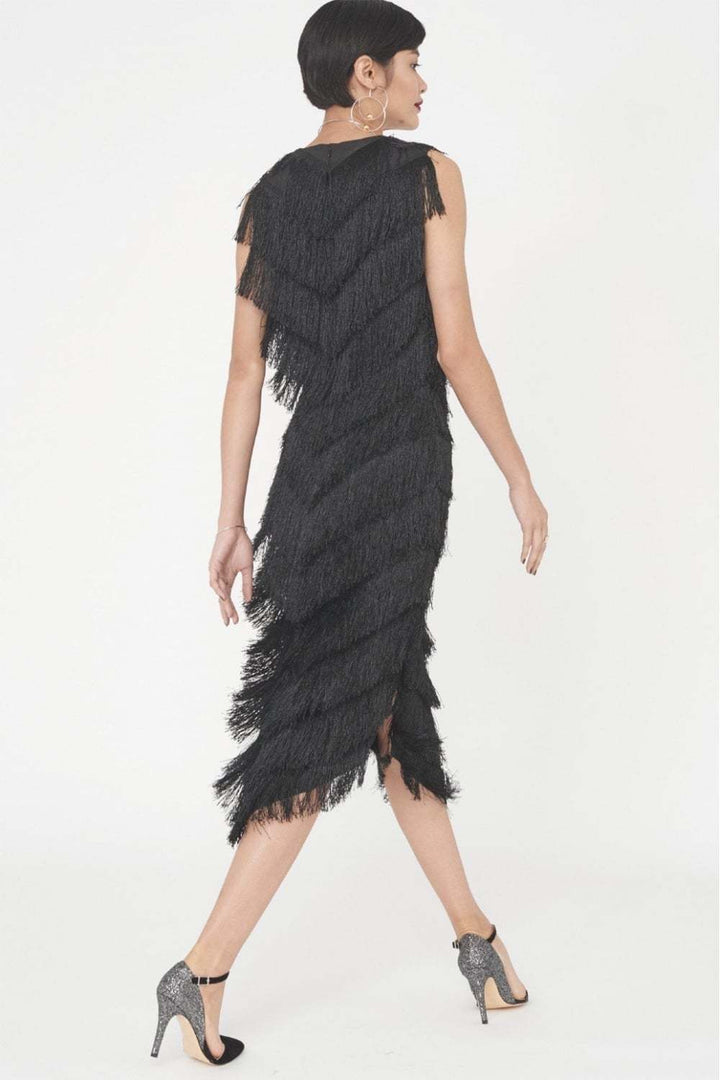 The Black Fringed Lace Midi Dress