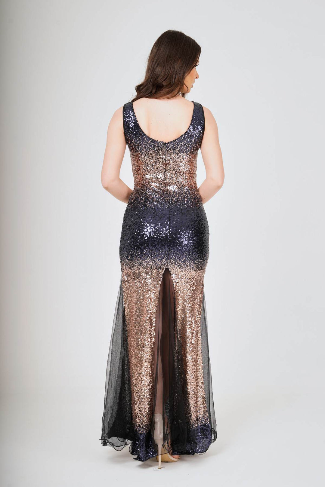 Two-Tone Sleeveless Gradient Sequin Maxi Dress