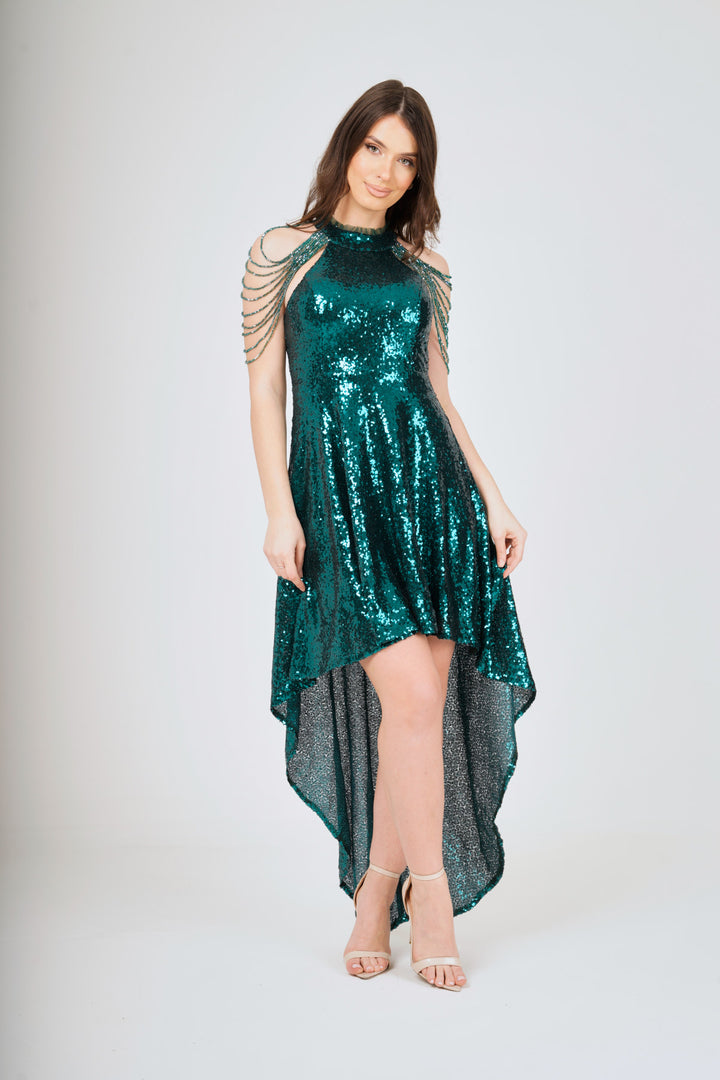 Jewel Shoulder Hi-Lo Sequin Dress - View 7