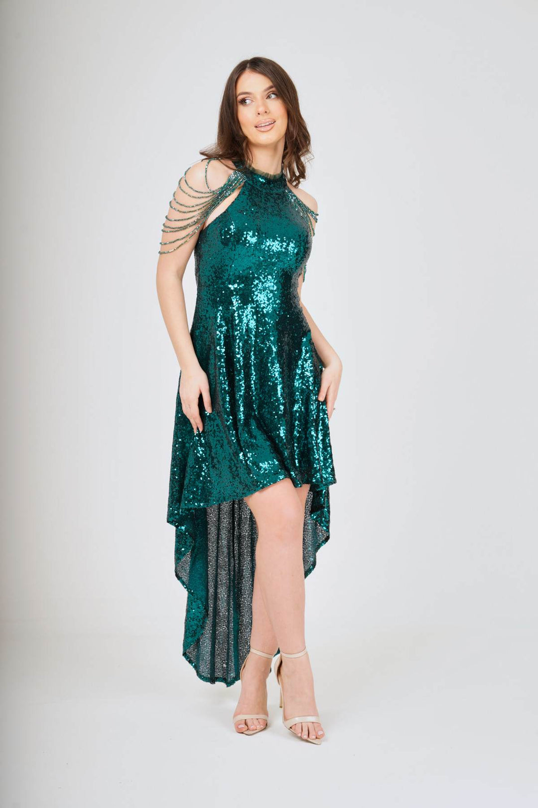 Jewel Shoulder Hi-Lo Sequin Dress - View 8