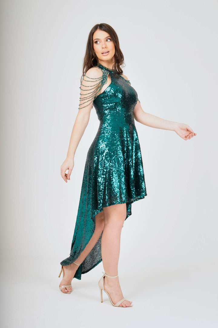 Jewel Shoulder Hi-Lo Sequin Dress - View 10