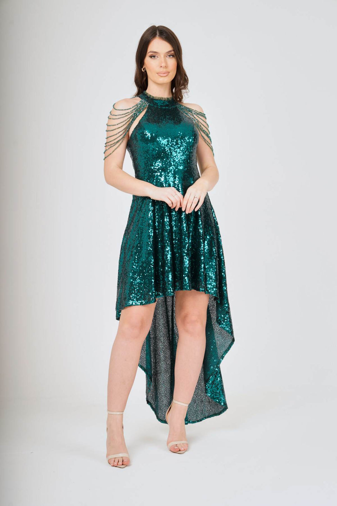 Jewel Shoulder Hi-Lo Sequin Dress - View 13