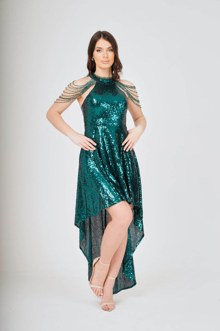 Jewel Shoulder Hi-Lo Sequin Dress - View 14