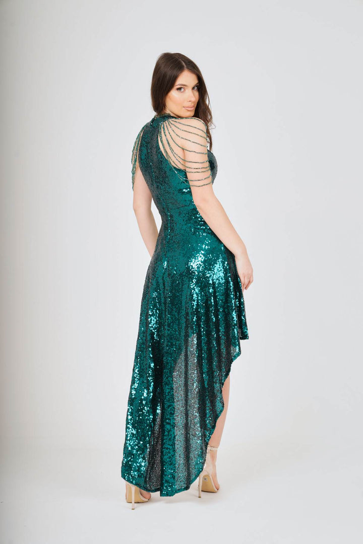 Emerald Jewel Shoulder Hi-Lo Sequin Dress