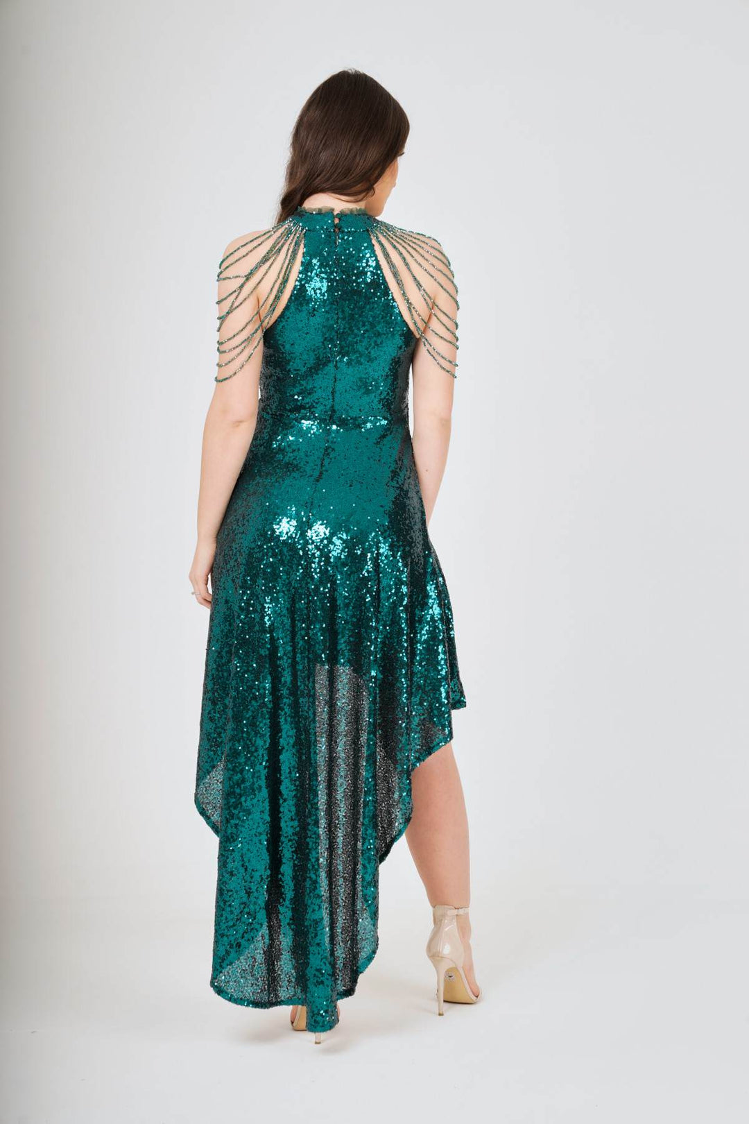 Emerald Jewel Shoulder Hi-Lo Sequin Dress