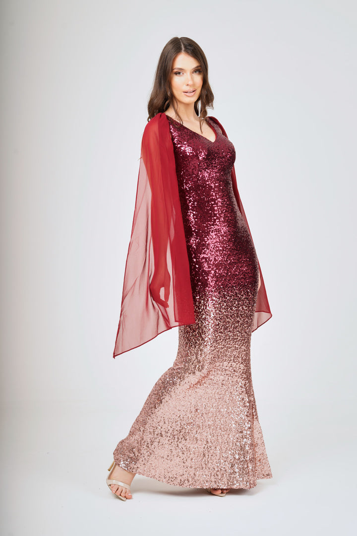 Two-Tone Shoulder Shawl Sleeveless Sequin Maxi Dress