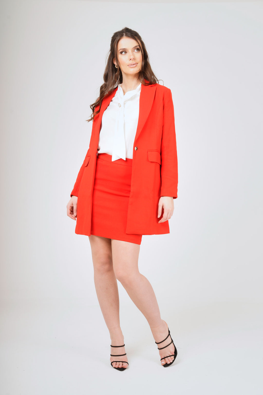 Red Long Blazer  Mini Skirt Suit