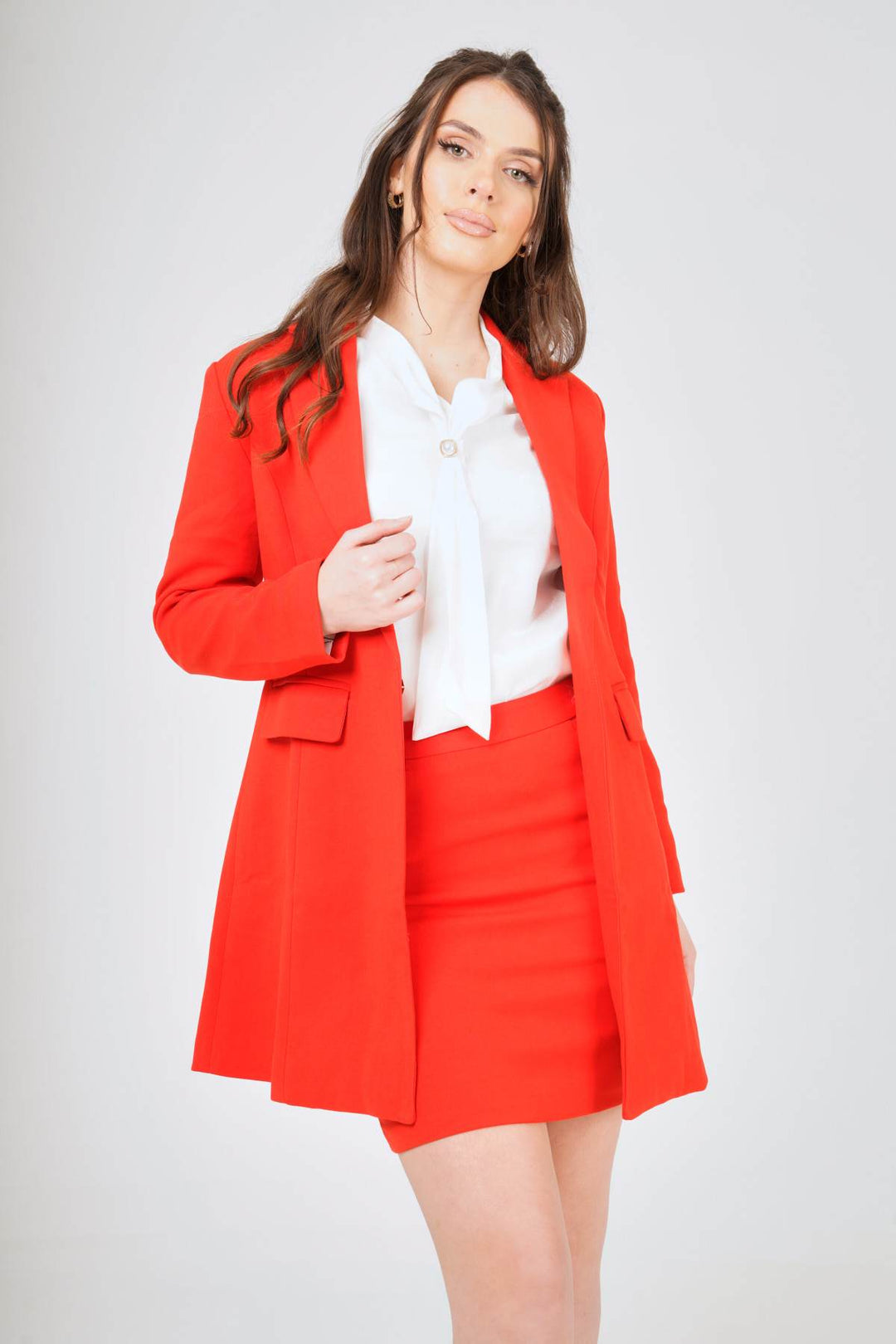 Red Long Blazer  Mini Skirt Suit