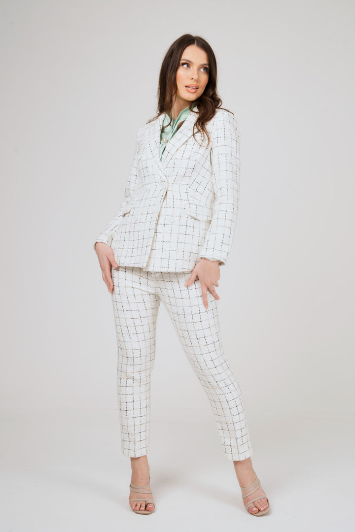 White Checked 2 Piece Tweed Trouser Suit