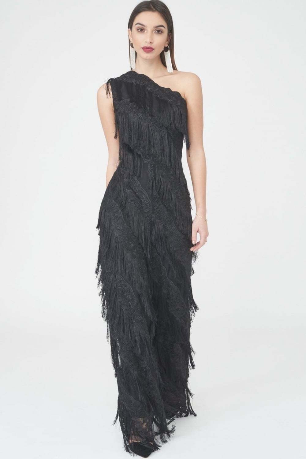 The Black Fringed Lace Jumpsuit - Full Front View