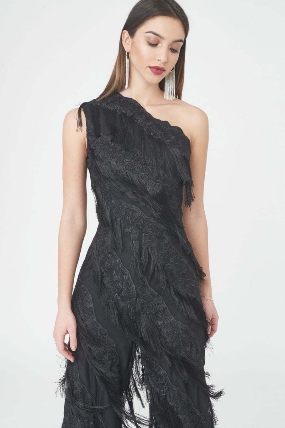 The Black Fringed Lace Jumpsuit - Close Front View